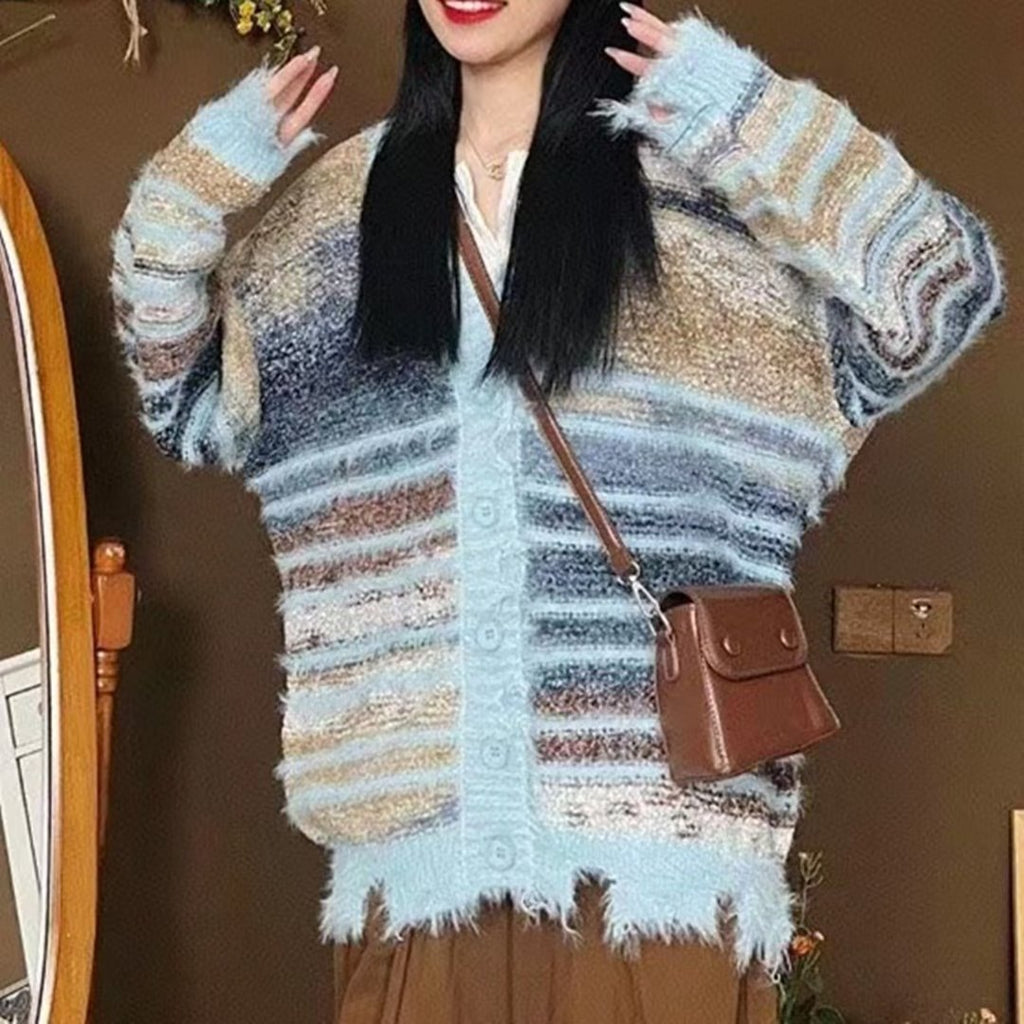 New Womens Relaxed Retro Rainbow-colorblock Sweater