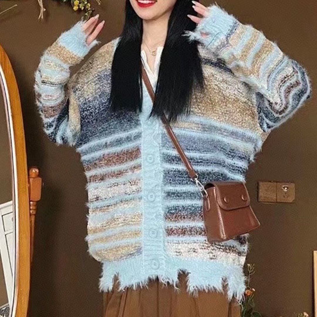 New Womens Relaxed Retro Rainbow-colorblock Sweater