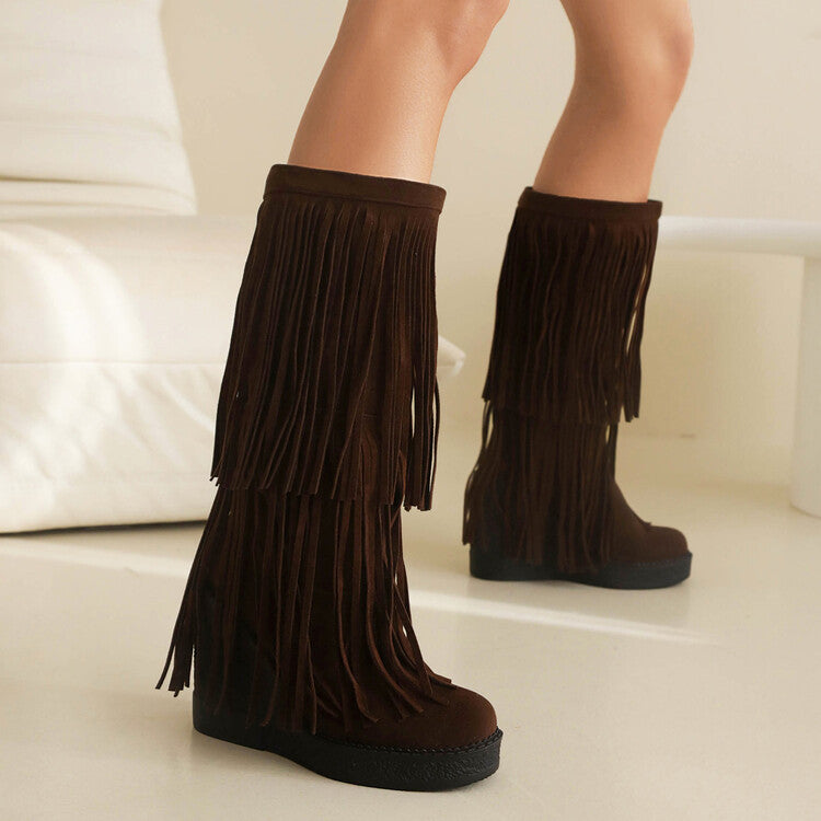 AutumnWinter Tassel Thick-Soled High-Heel Wedge Retro Fashion Womens Boots