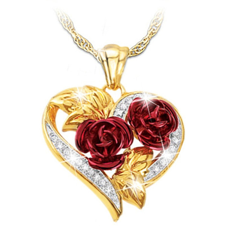 Love Heart Red Rose Flower Necklace Heart Shape