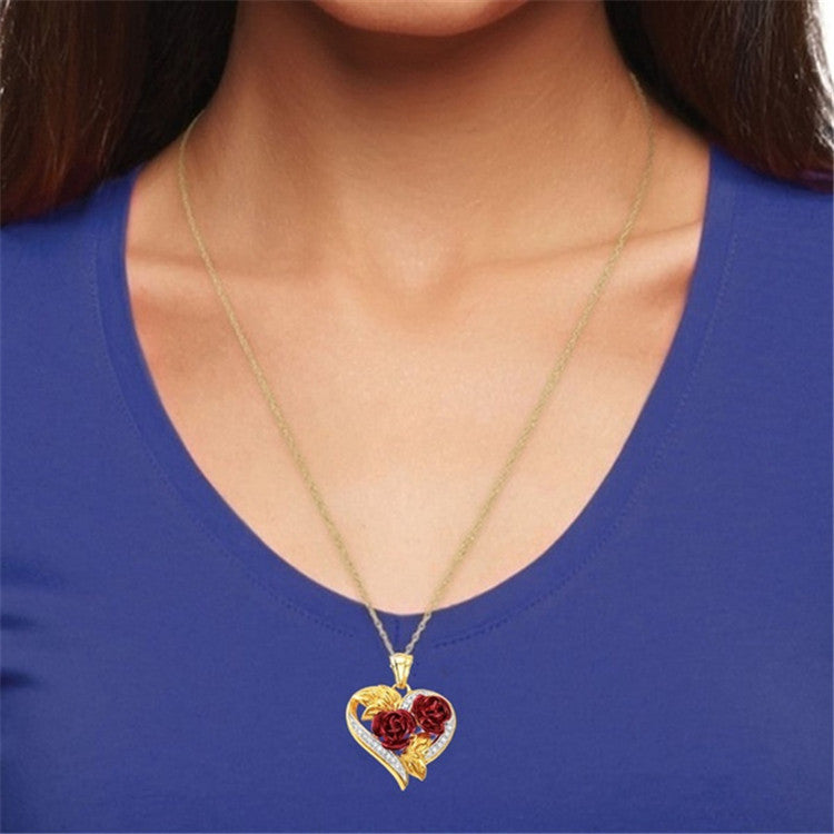 Love Heart Red Rose Flower Necklace Heart Shape
