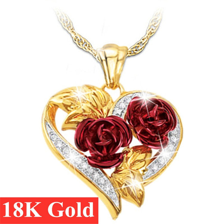 Love Heart Red Rose Flower Necklace Heart Shape