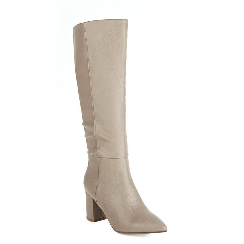Womens Fleece-Lined Mid-Calf Pointed-Toe Chunky-Heel Boots