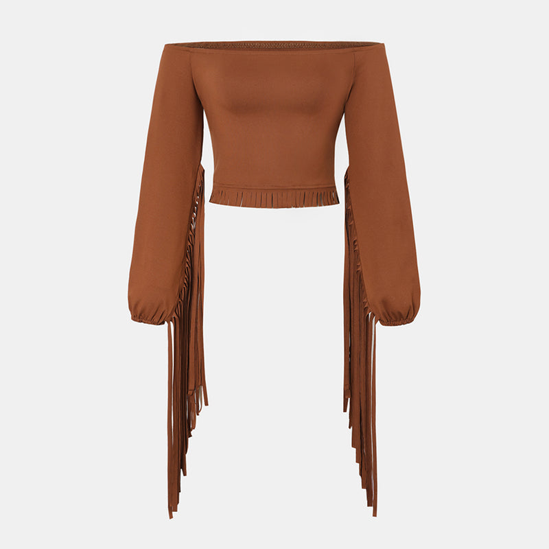 Women's Western Cowgirl  Fringe Trim Tops Sexy Off Shoulder Long Sleeve T Shirts Tassel Top