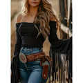Women's Western Cowgirl  Fringe Trim Tops Sexy Off Shoulder Long Sleeve T Shirts Tassel Top
