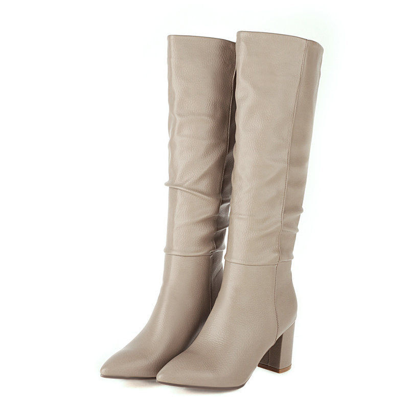 Womens Fleece-Lined Mid-Calf Pointed-Toe Chunky-Heel Boots