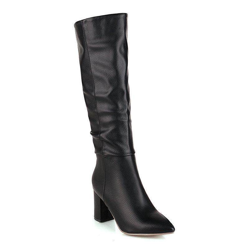 Womens Fleece-Lined Mid-Calf Pointed-Toe Chunky-Heel Boots