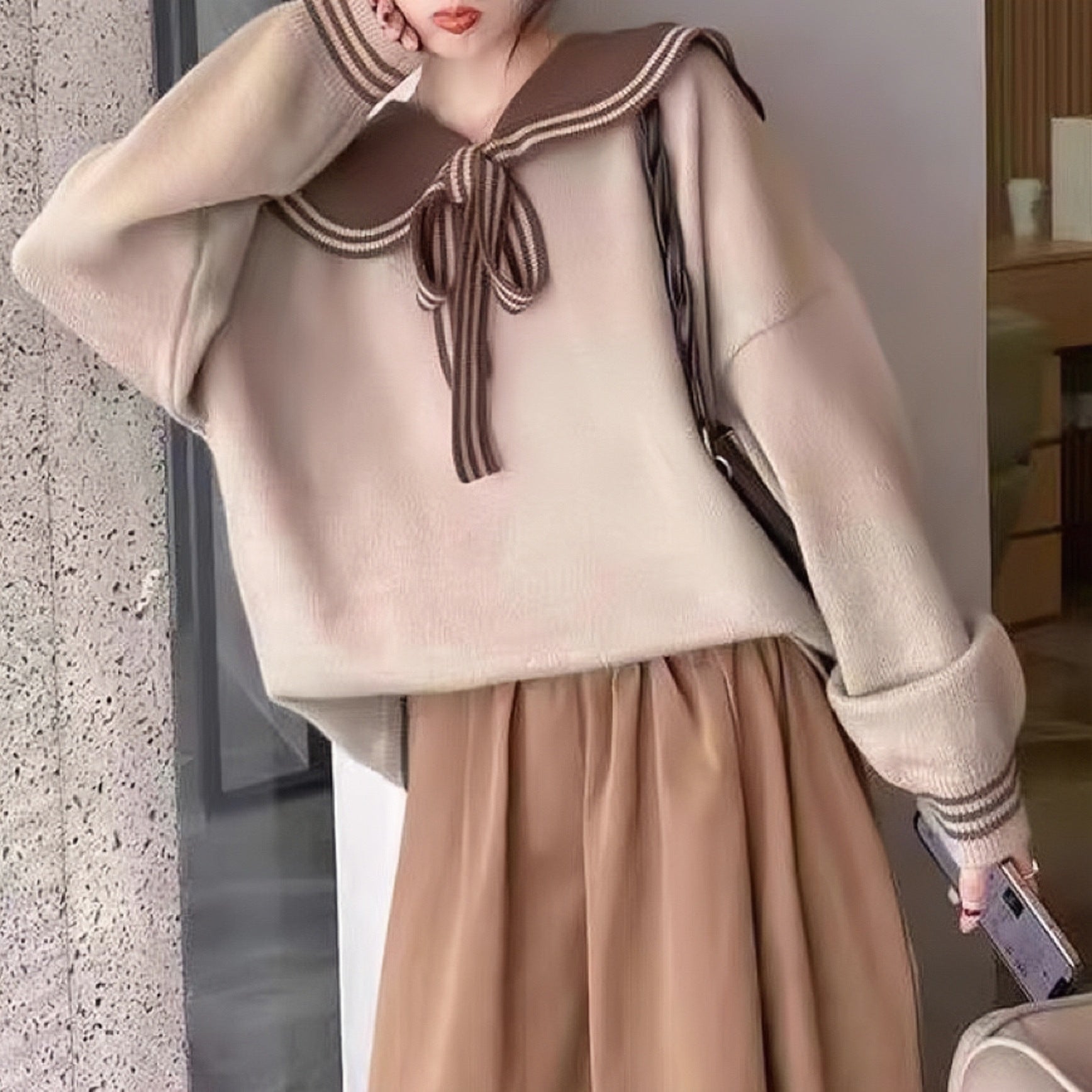 Loose And Lazy Style Contrast Sweet Navy Collar Sweater Women