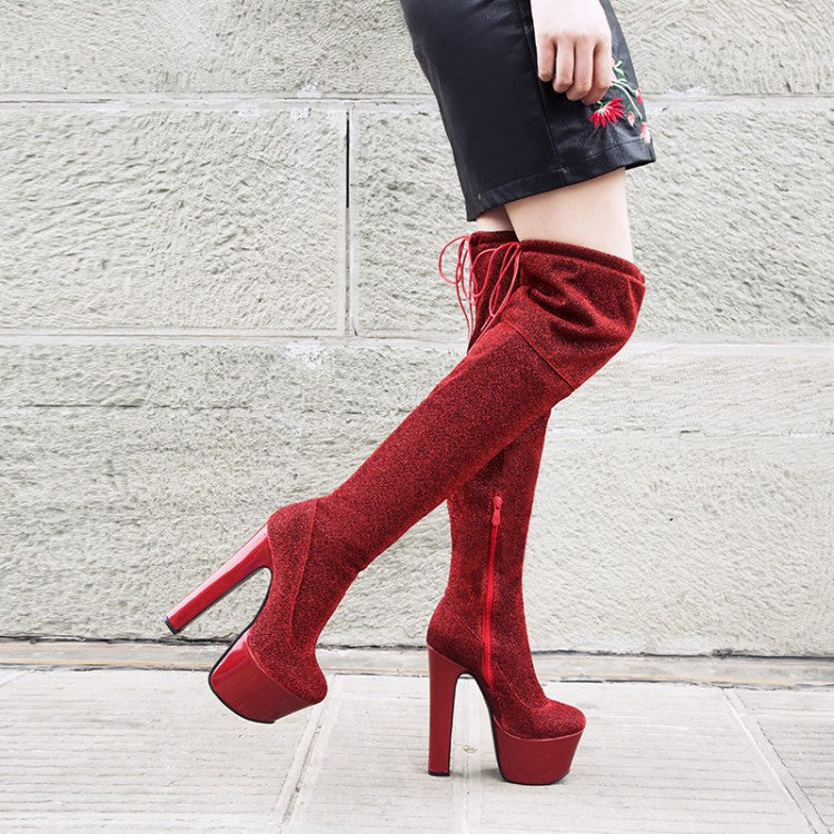 Womens Thigh Bling Sequined Cloth Platforms High Heels Long Boots