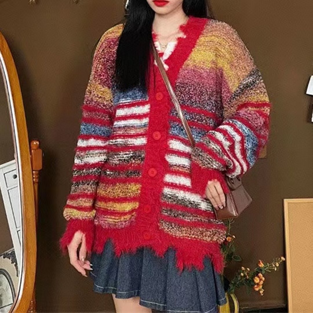 New Womens Relaxed Retro Rainbow-colorblock Sweater