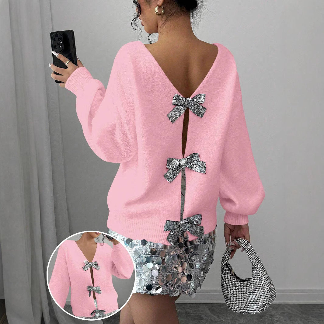 Fashionable Loose Knitted Sweater With Sequin Bow Accent