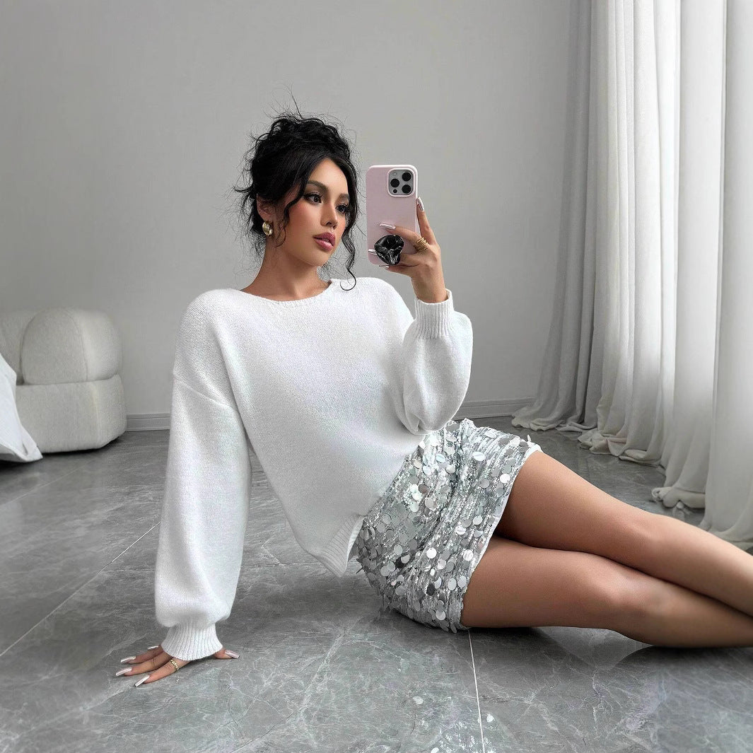 Fashionable Loose Knitted Sweater With Sequin Bow Accent