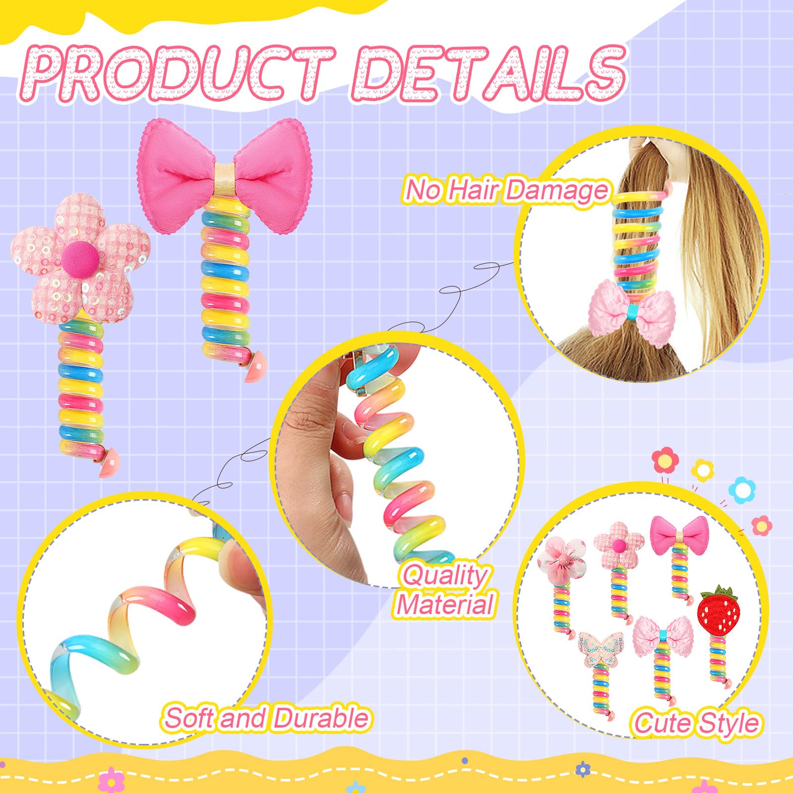 6Pcs Colorful Telephone Wire Hair Bands For Kids, Spiral Ties Braided Telephone Cord Hair Bands Hair Accessories For Girls Women, Bowknot Braided Phone Wire Hair Ties