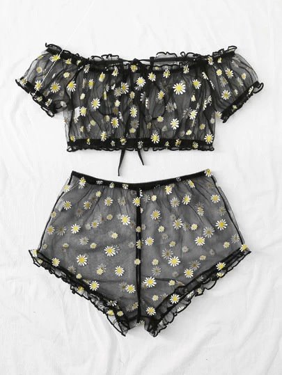 Women's Mesh Printed Lingerie Set