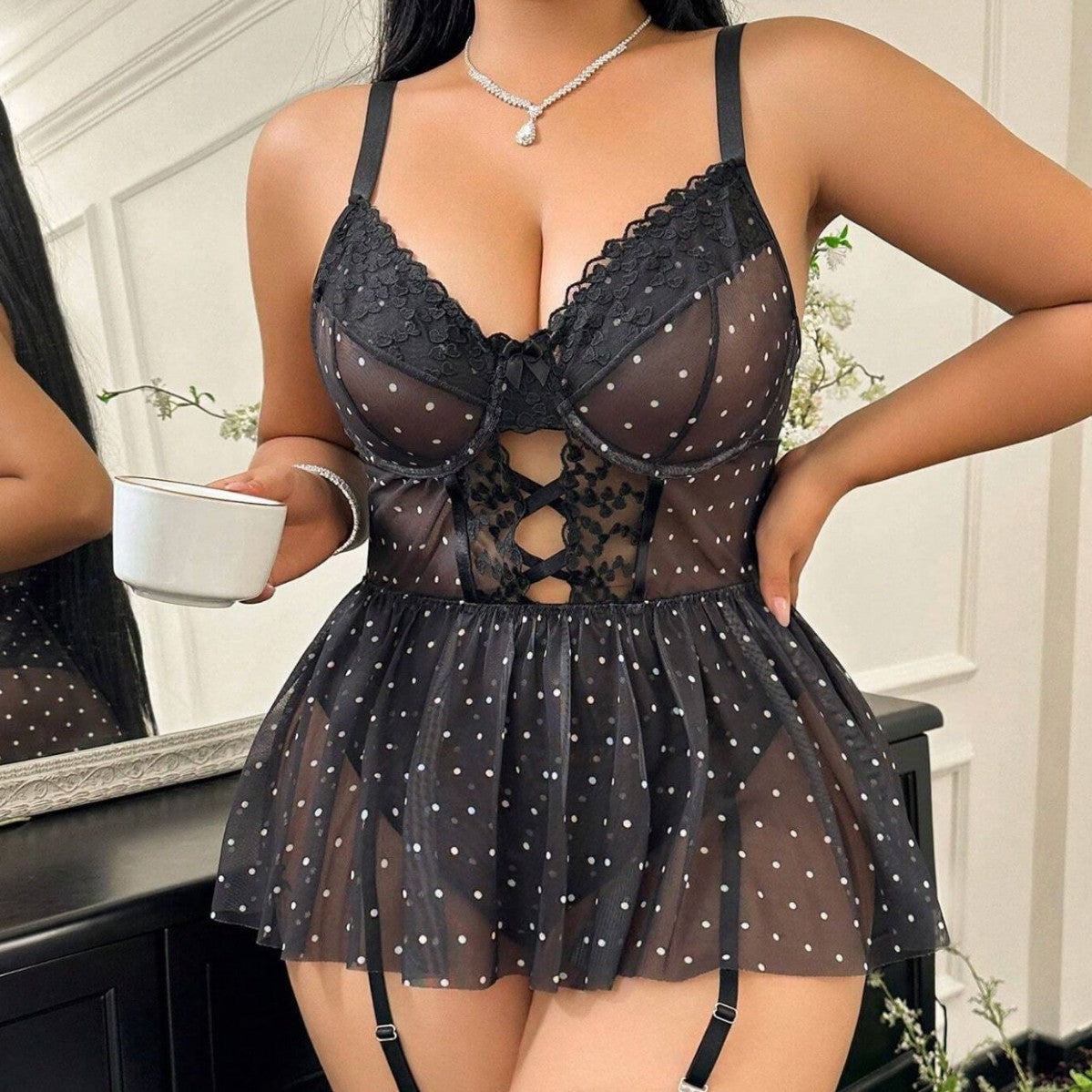 Womens Plus-Size Lace Mesh Polka-Dot Lingerie Nightdress