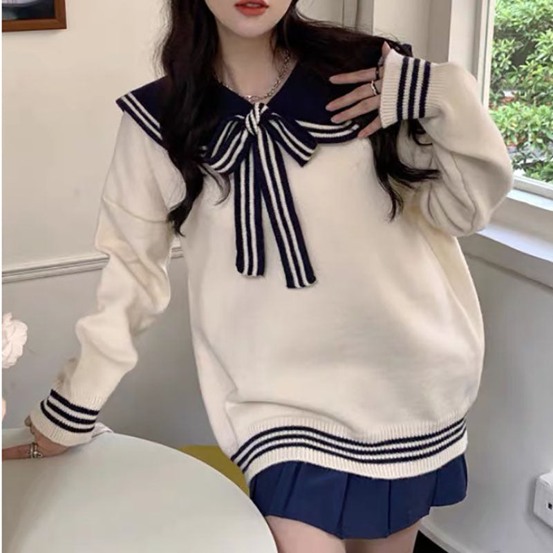 Loose And Lazy Style Contrast Sweet Navy Collar Sweater Women