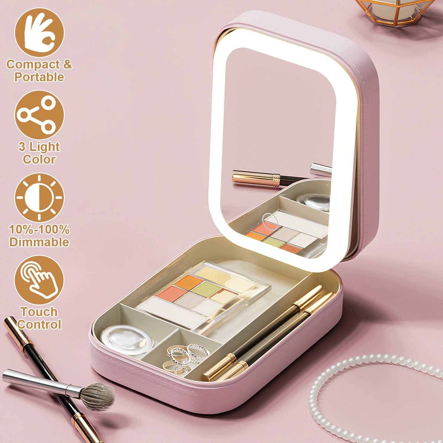 1Pc Portable Travel Makeup Bag With LED Mirror Rechargeable Beauty Mirror With 3 Color Light Dimmable Brightness Waterproof Cosmetic Bag With 4 Compartments Ideal Gift For Women
