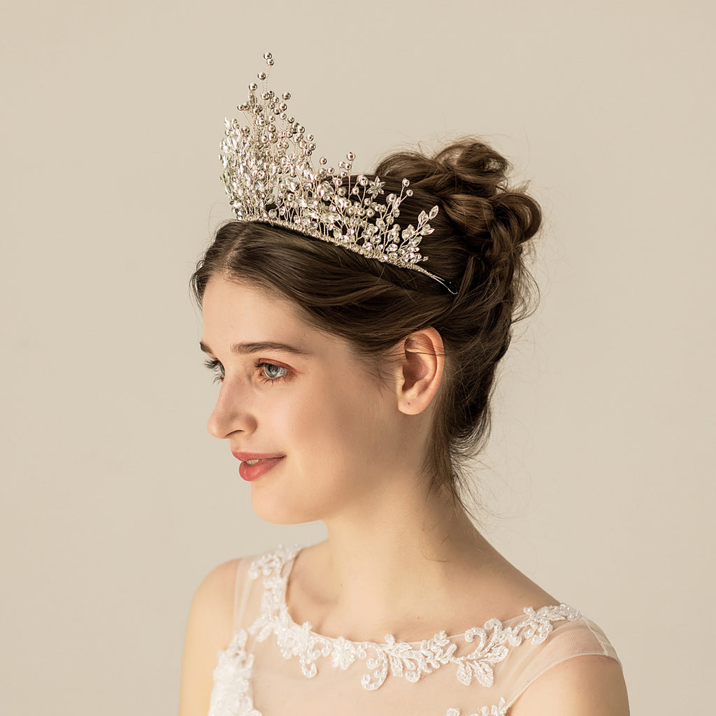 Rhinestones Crystal Tiaras and Silver Colour Flower Diadem Women Headwear Wedding Hair Accessories Brides Jewelry