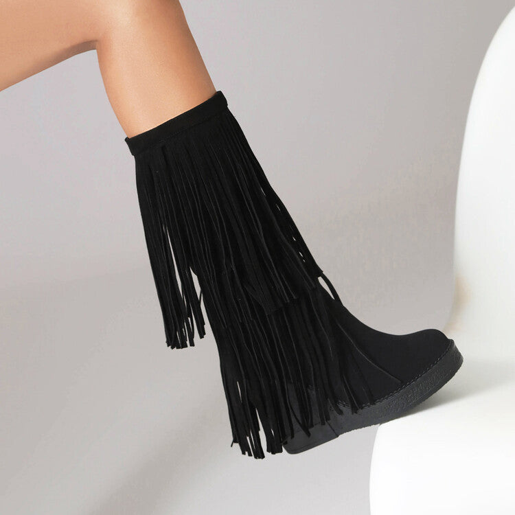 AutumnWinter Tassel Thick-Soled High-Heel Wedge Retro Fashion Womens Boots