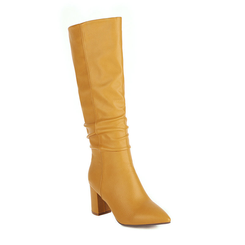 Womens Fleece-Lined Mid-Calf Pointed-Toe Chunky-Heel Boots