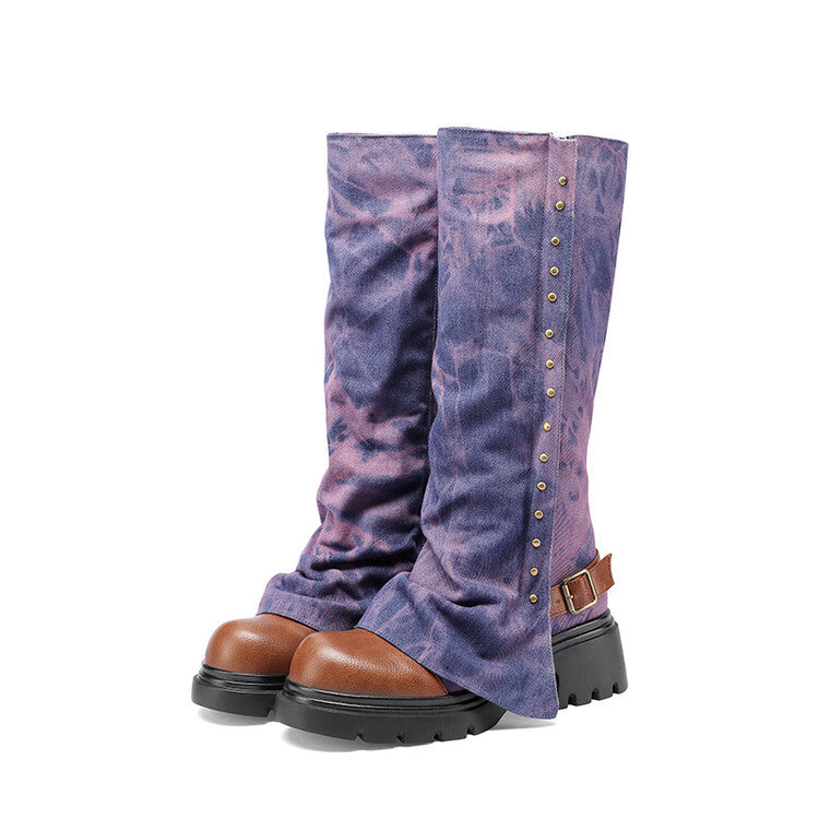Womens European And American-style Round-toe Studded Platform Boots
