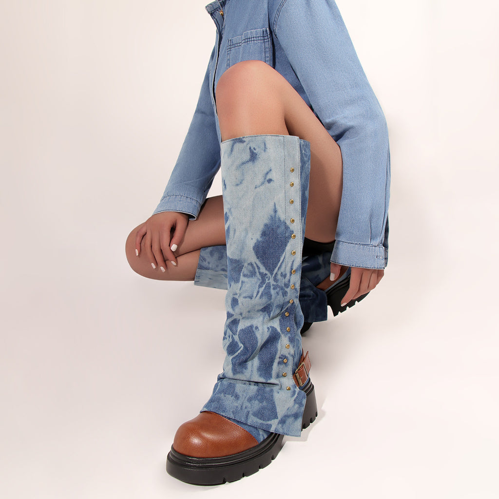 Womens European And American-style Round-toe Studded Platform Boots