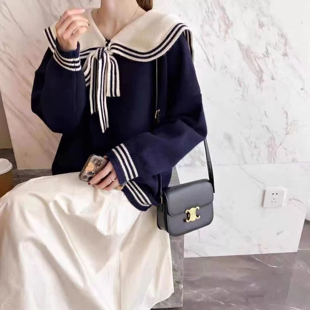 Loose And Lazy Style Contrast Sweet Navy Collar Sweater Women