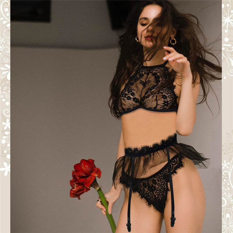 Sheer Three-point Eyelashes Lace Bra Mesh Skirt Garter Set