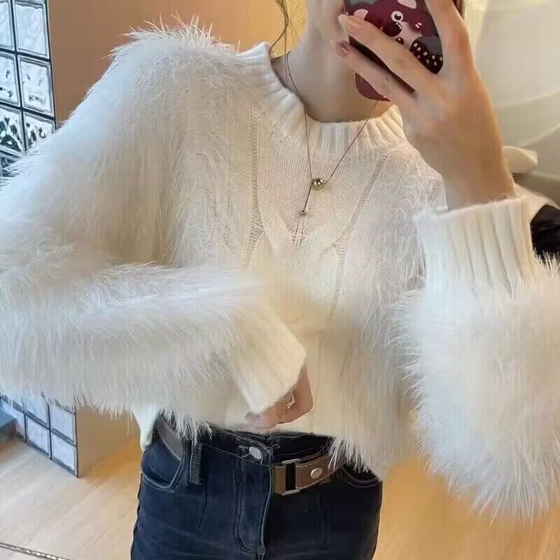 Loose-fitting, Outerwear Mink-wool Solid-color Sweater For Women