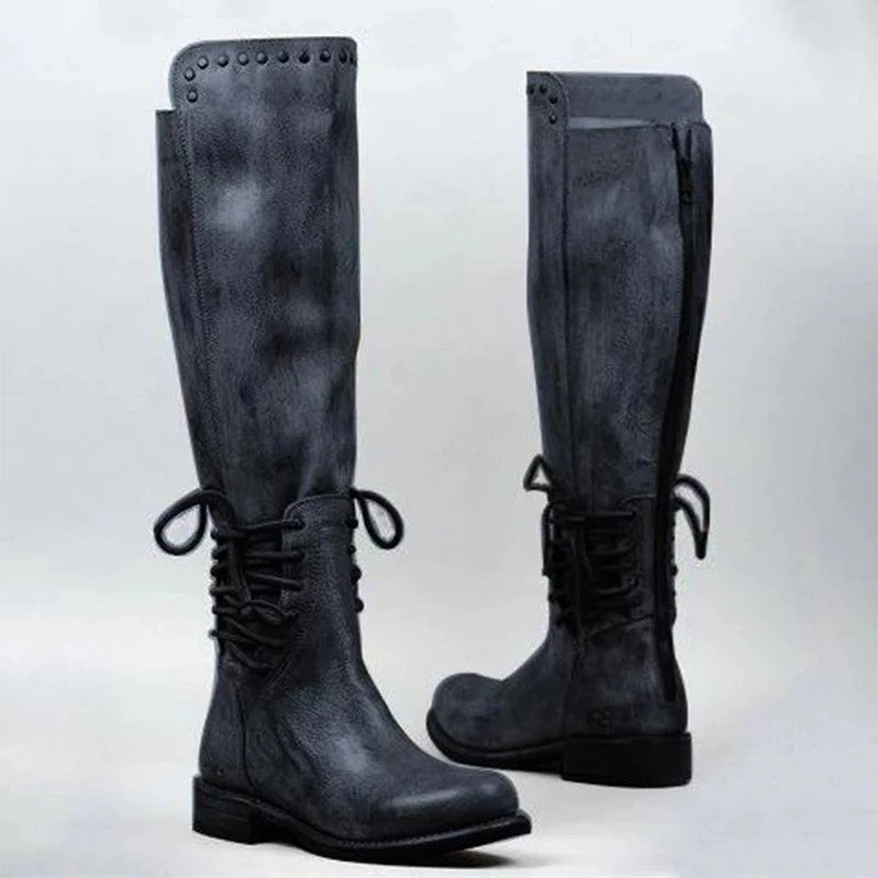 Womens Leather Boots With A Round Toe And Front Laces