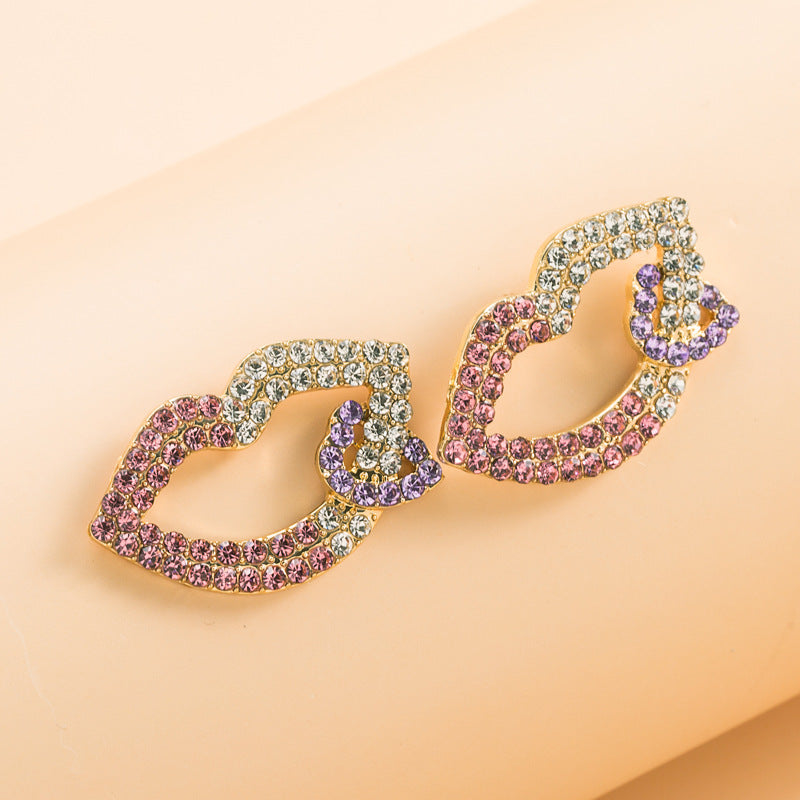 Women's Fashion Personality Alloy Diamond Lip Shape Earrings