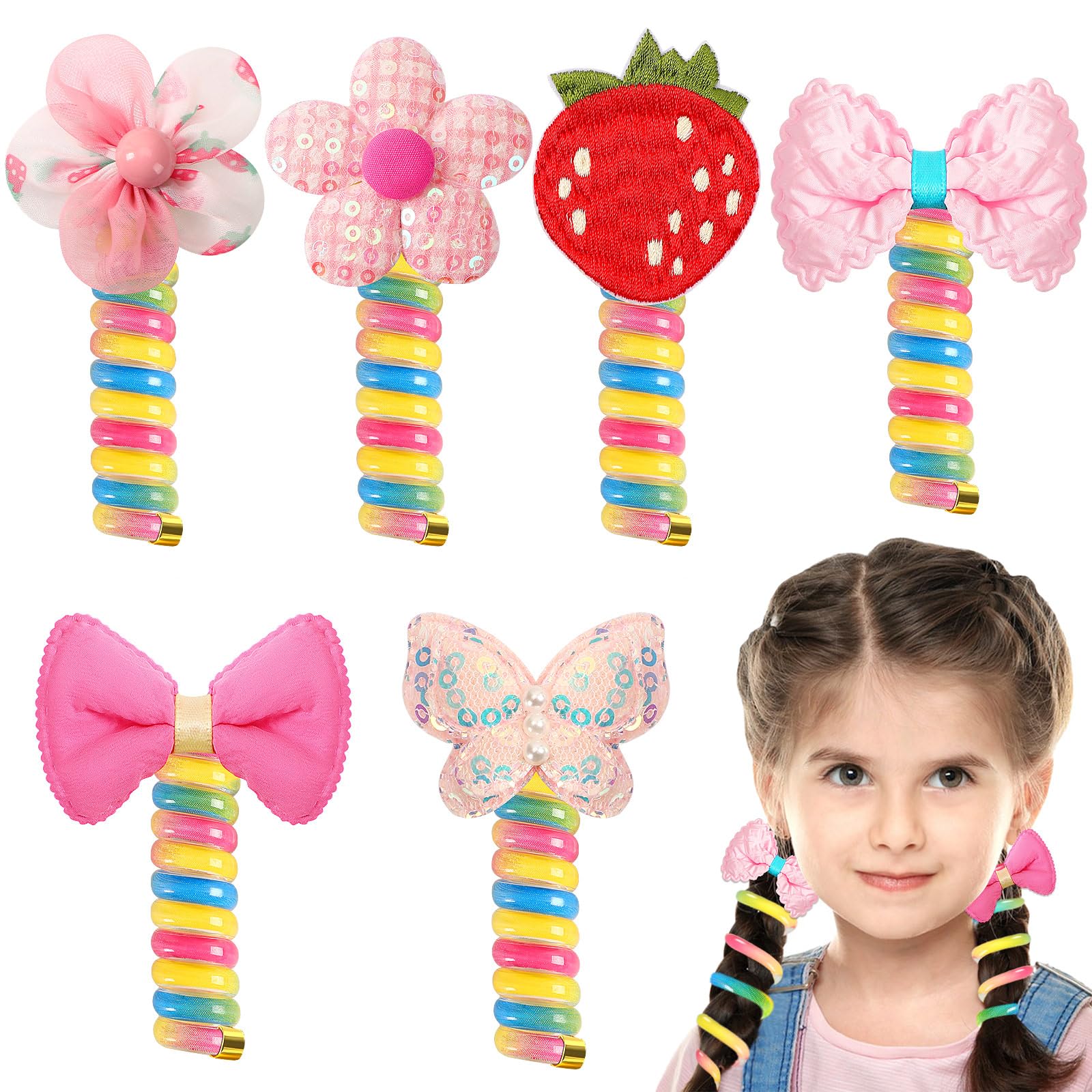 6Pcs Colorful Telephone Wire Hair Bands For Kids, Spiral Ties Braided Telephone Cord Hair Bands Hair Accessories For Girls Women, Bowknot Braided Phone Wire Hair Ties