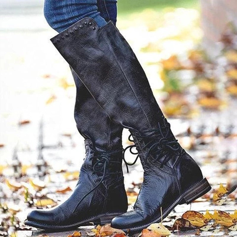 Womens Leather Boots With A Round Toe And Front Laces