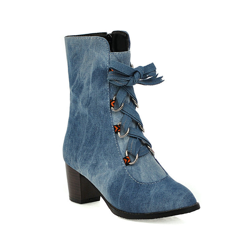 Womens Denim Winter Boots New Korean-Style Lace-Up Design